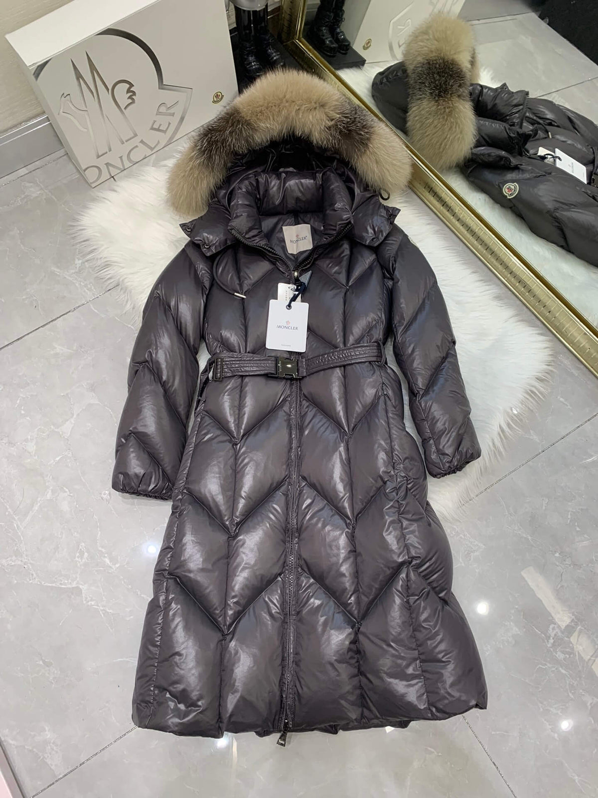 Moncler New Knee-Length Women's Down Jacket in Grey