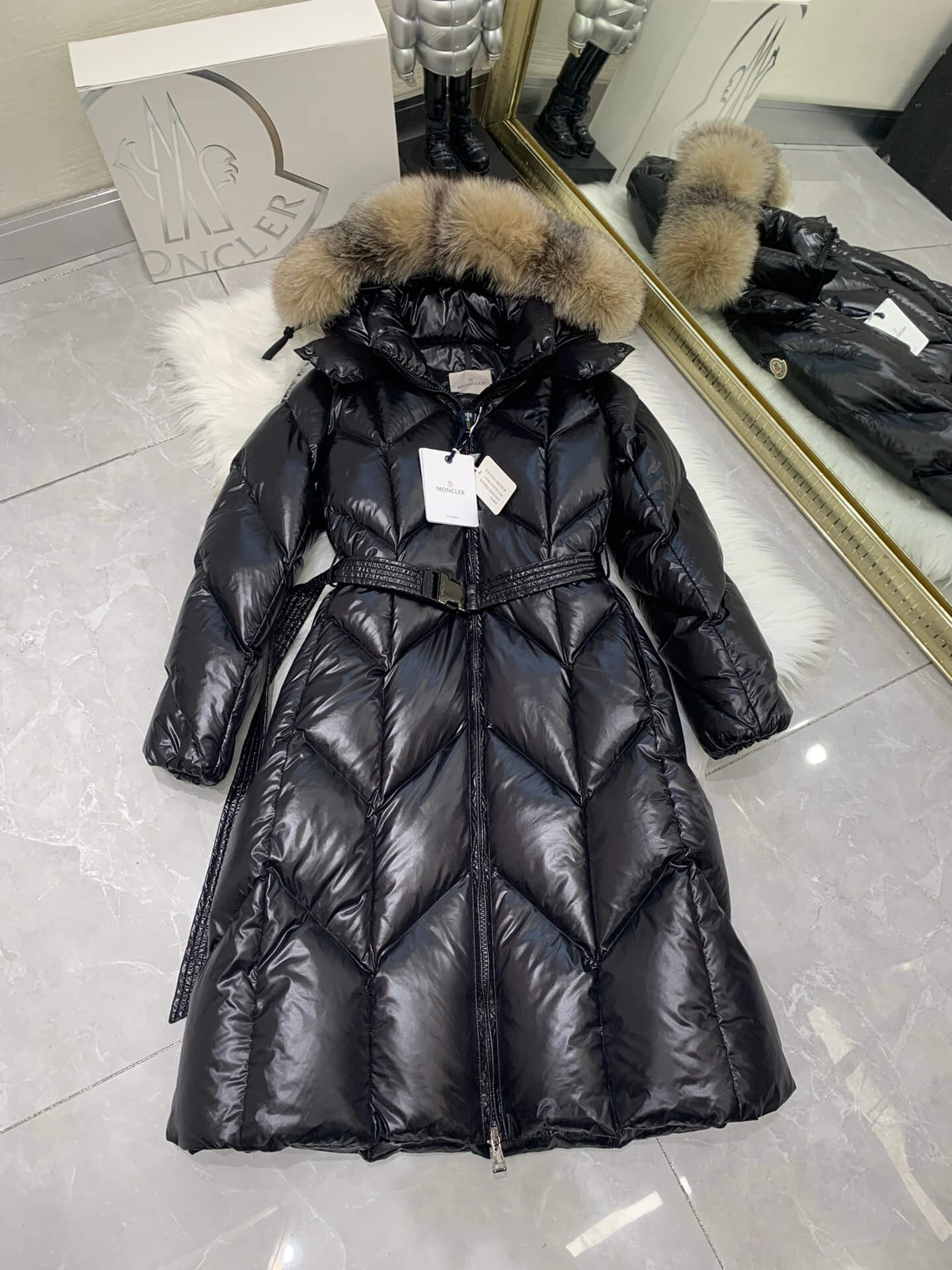 Moncler New Knee-Length Women's Down Jacket in Black