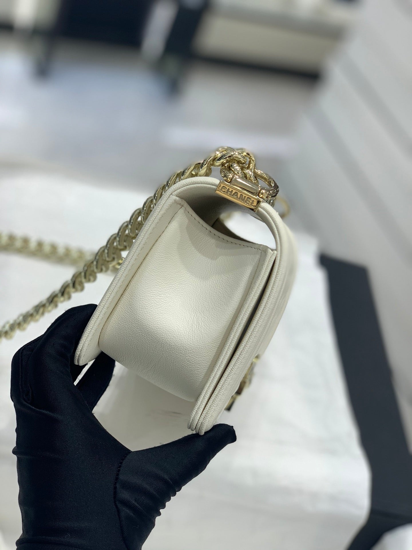 Chanel Leboy Bag White Diamond Quilted Caviar Leather with Light Gold Buckle