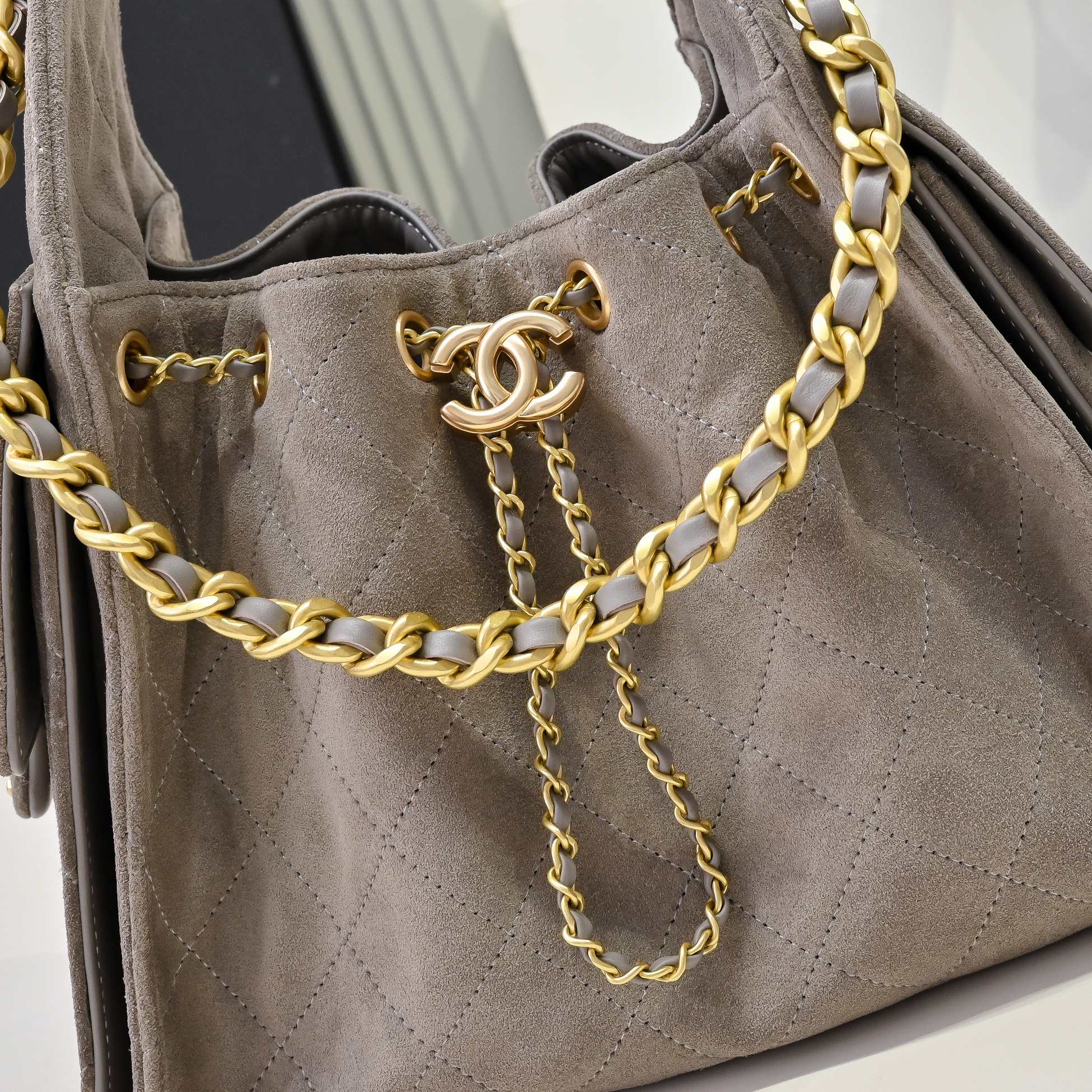 Chanel 25c Hobo Drawstring Taupe Grey Handbag